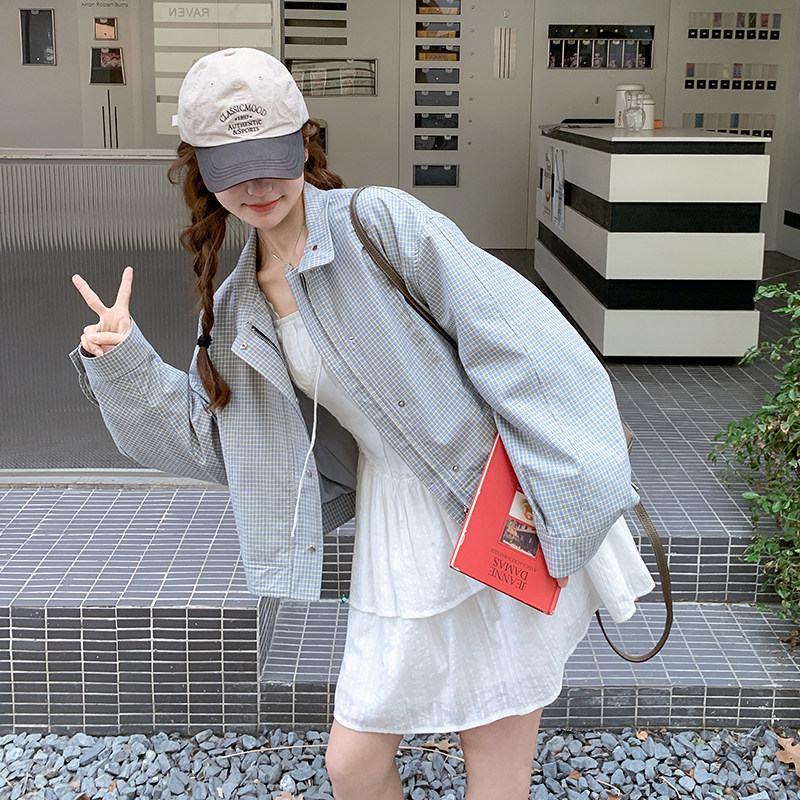 韩版格子立领休闲短款外套女2025春季新款宽松时尚小个子夹克上衣,女装套装/套裙,浙宝100
