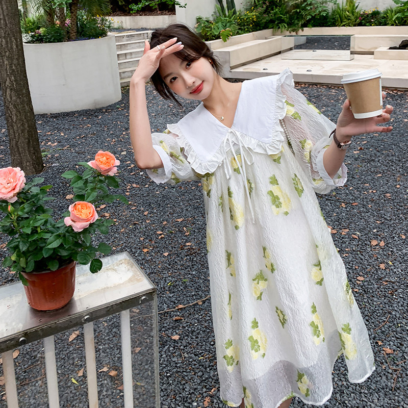 孕妇连衣裙女夏季大码宽松显瘦胖mm小清新印花网纱裙子泡泡袖甜美,女装连衣裙,浙宝100