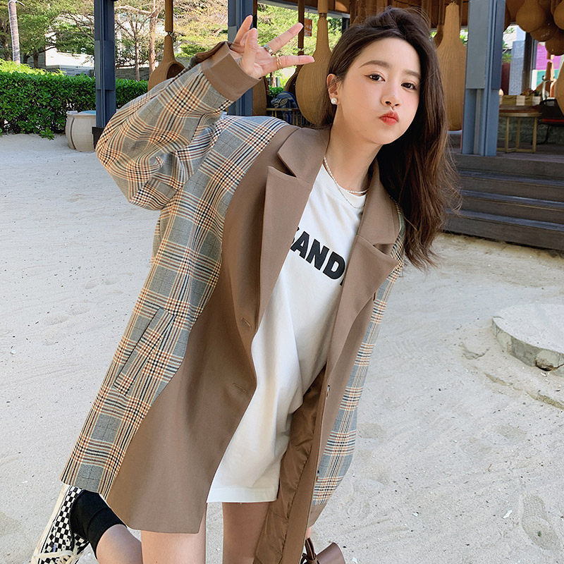 2023春季新款现货格子拼接西装外套077-2215-P90控158无差价，女装西装，浙宝100