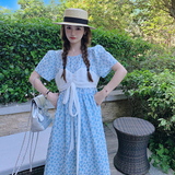 蓝色碎花盐系假两件连衣裙女2023夏季新款法式温柔风别致绝美长裙，女装连衣裙，浙宝100