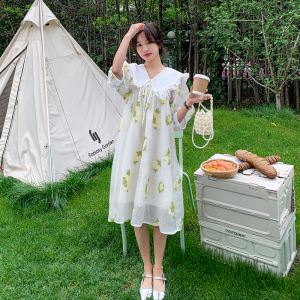 孕妇连衣裙女夏季大码宽松显瘦胖mm小清新印花网纱裙子泡泡袖甜美