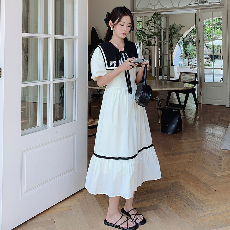 海军领法式桔梗连衣裙女夏2025新款撞色甜美白色轻熟风泡泡袖裙子,女装连衣裙,浙宝100