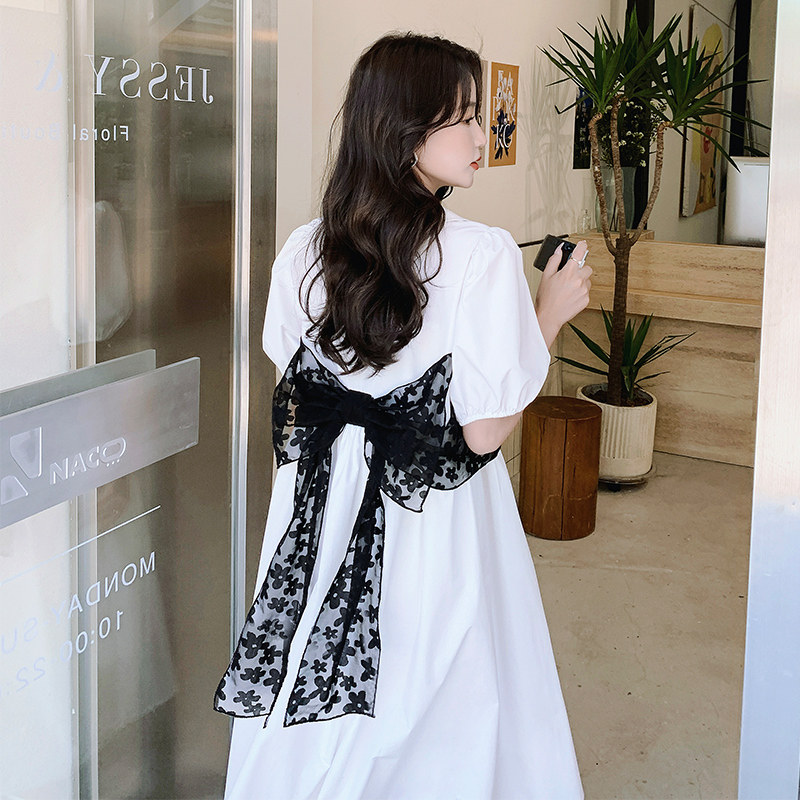 松弛感蝴蝶结绑带白色V领连衣裙女夏2025温柔风独特绝美连身长裙,女装连衣裙,浙宝100