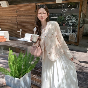 法式女纯色秋季亮片长袖短外套复古时尚短款显瘦开衫小香风碎花图片