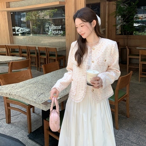 法式女纯色秋季亮片长袖短外套复古时尚短款显瘦开衫小香风碎花