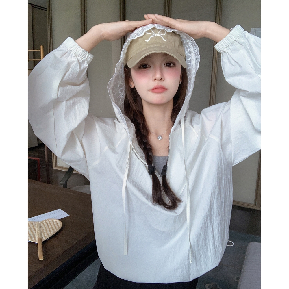 欧洲站2025春季法式连帽镂空钩花设计半拉链套头薄款长袖防晒外套,女装防晒衣,浙宝100 欧洲站2025春季法式连帽镂空钩花设计半拉链套头薄款长袖防晒外套,女装防晒衣,浙宝100