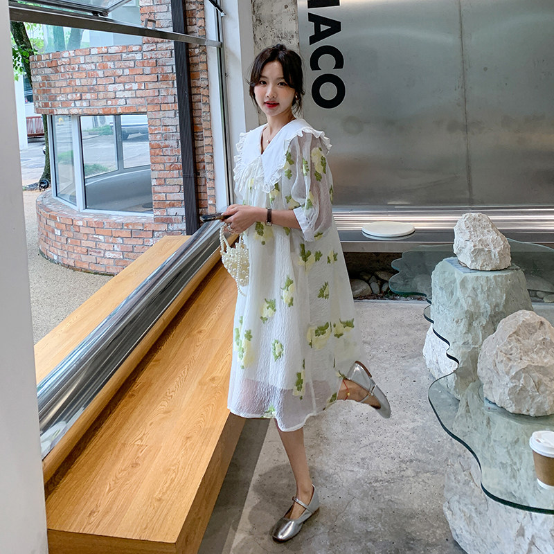 孕妇连衣裙女夏季大码宽松显瘦胖mm小清新印花网纱裙子泡泡袖甜美,女装连衣裙,浙宝100