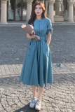 湖蓝色连衣裙女夏收腰气质法式修身赫本风初恋梗桔裙甜美温柔风，女装连衣裙，浙宝100