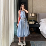 蓝色小清新超好看甜美减龄无袖蓬蓬裙夏季温柔风别致显瘦连衣裙女，女装连衣裙，浙宝100