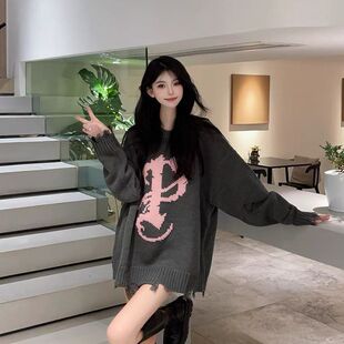 oversize上衣 高级感破洞流苏套头毛衣女秋冬季 新款 韩版 宽松针织衫