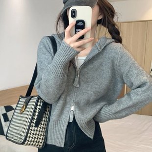 灰色拉链外套连帽针织开衫 女秋冬ins韩版 洋气内搭短款 毛衣打底衫