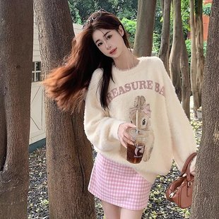 套头甜美上衣秋冬 奶fufu杏色水貂绒毛衣女软糯宽松可爱兔子针织衫