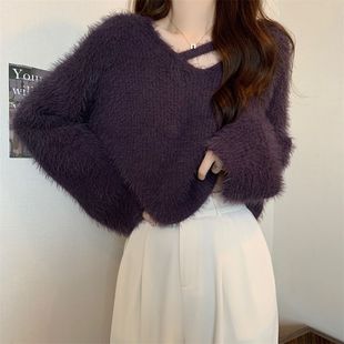 长袖 上衣服 水貂毛针织打底衫 女秋冬慵懒风设计感软糯毛衣套头短款