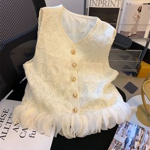 小香风亮片刺绣背心衬衫 小上衣 女夏款 独特超好看立体花瓣拼接无袖