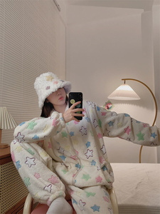 星星印花ins风珊瑚绒新款睡衣女冬季少女加厚法兰绒家居服可外穿