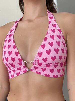 Pink Heart Print Cute Bustier Crop Top Women Aesthetic Kawai