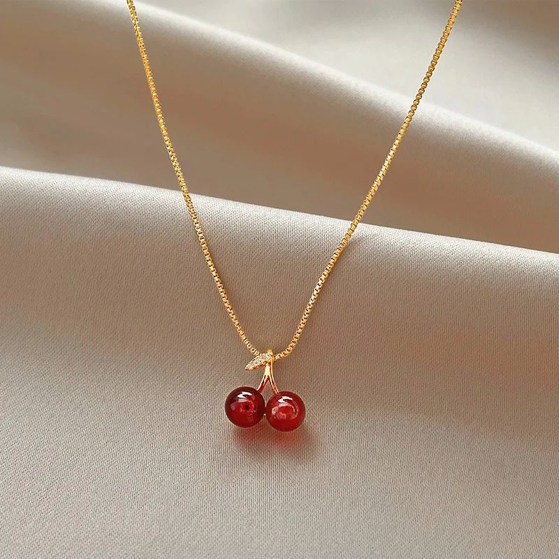 New Wine Red Cherry Gold Colour Pendant Necklace For Women P