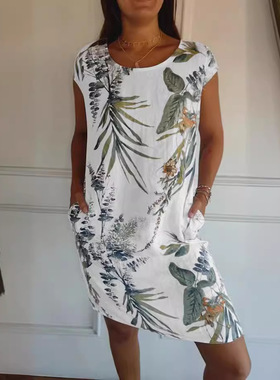 2025temu Women's tton Linen Short Sleeve Printed Pocket Crew