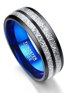 wish热卖跨境电商货源饰品 内蓝条纹钨钢戒指 男士时尚指环配饰