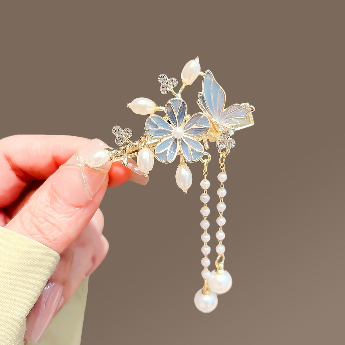 古风山茶花彩绘流苏发夹复古精致花朵珍珠侧边夹汉服旗袍发卡头饰