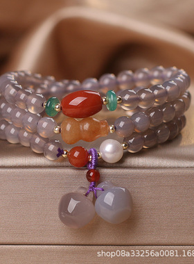 民族风手工串珠中式复古天然灰玛瑙手链女多圈叠戴苹果吊坠手串女