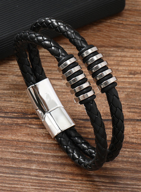 潮流创意编织皮绳手环小众皮质转运手镯男士手链不锈钢配饰几何
