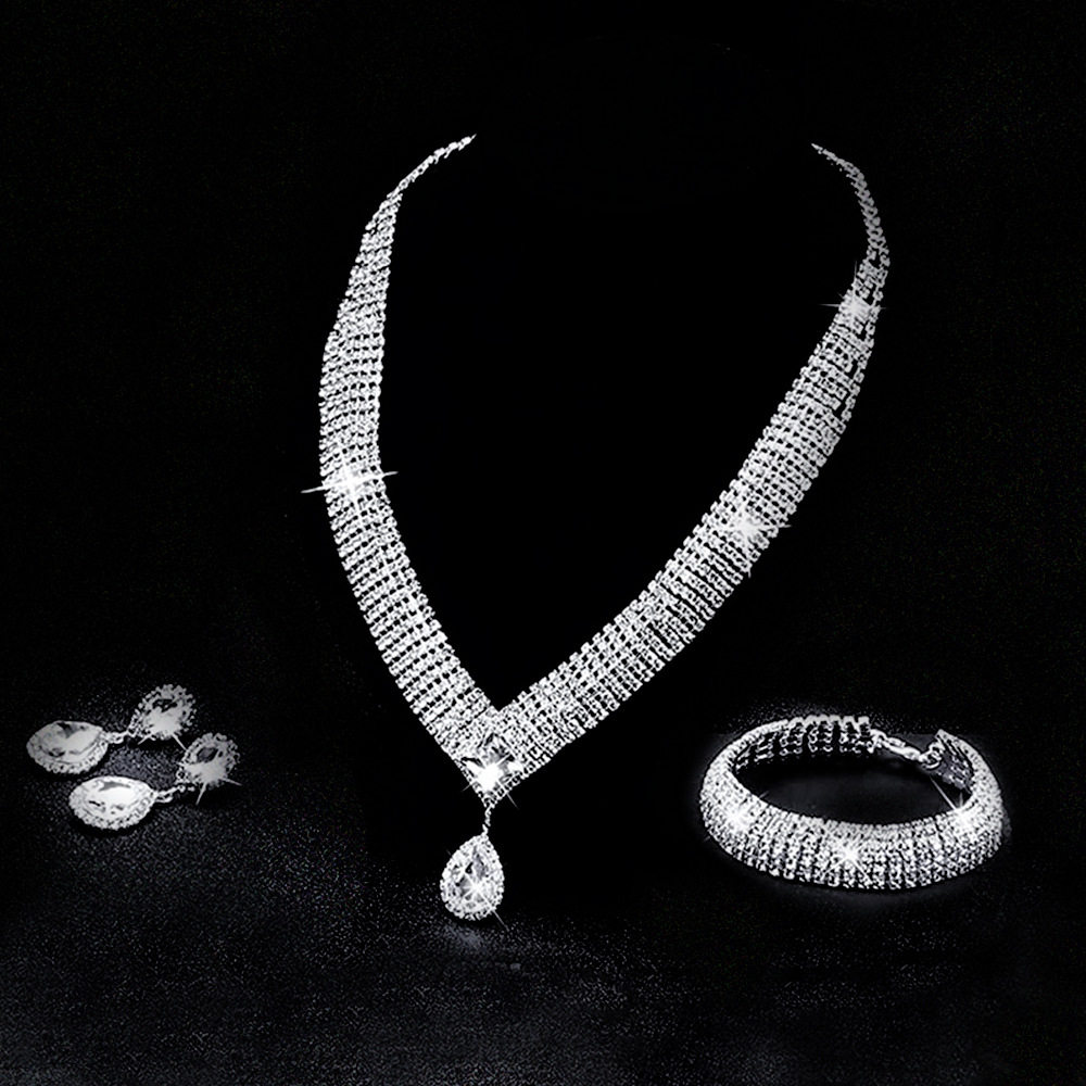 欧美轻奢水滴吊坠锆石项链耳环套装 新娘婚纱礼服配饰品 厂家直销