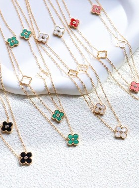 韩国潮流18k配饰双层花朵贝壳流苏项链钛钢锁骨链女不掉色饰品工