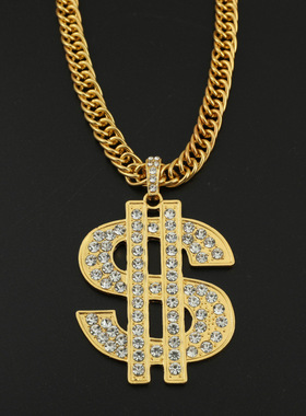 欧美嘻哈霸气粗美金符号项链合金镶钻个性潮人配饰字母美元吊坠