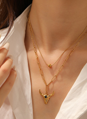 欧美跨境不锈钢圆珠项链 钛钢叠戴牛图腾秋冬配饰女士镀18k金蛇链