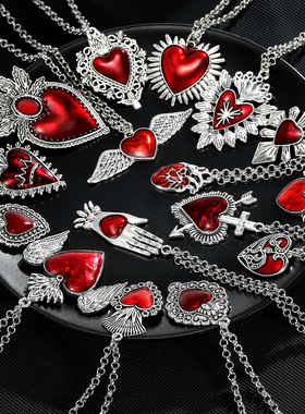 欧美跨境时尚个性哥特式桃心翅膀项链复古创意合金爱心锁骨链配饰