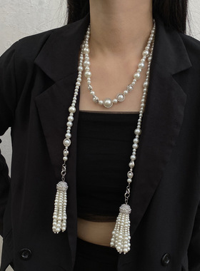 复古小香风镶钻几何珍珠流苏长链双层项链小众缠绕多戴法配饰