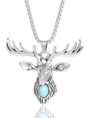 欧美个性复古圣诞麋鹿项链嘻哈一鹿有你吊坠长款毛衣项链配饰挂件