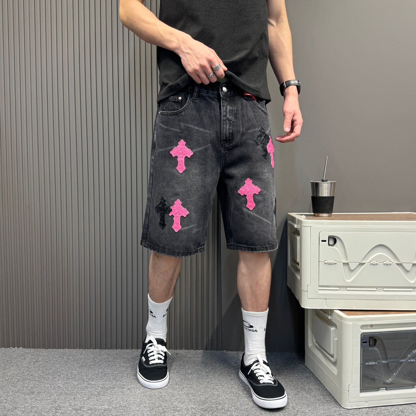 美式高街水洗做旧黑色牛仔短裤男2026夏季潮牌宽松直筒休闲五分裤