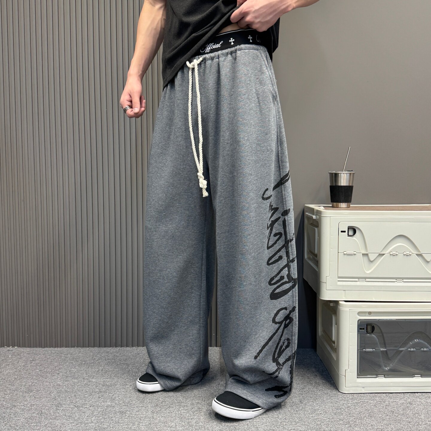 双腰头运动风长裤撞色字母刺绣弯刀卫裤男女爵士舞宽松直筒阔腿裤