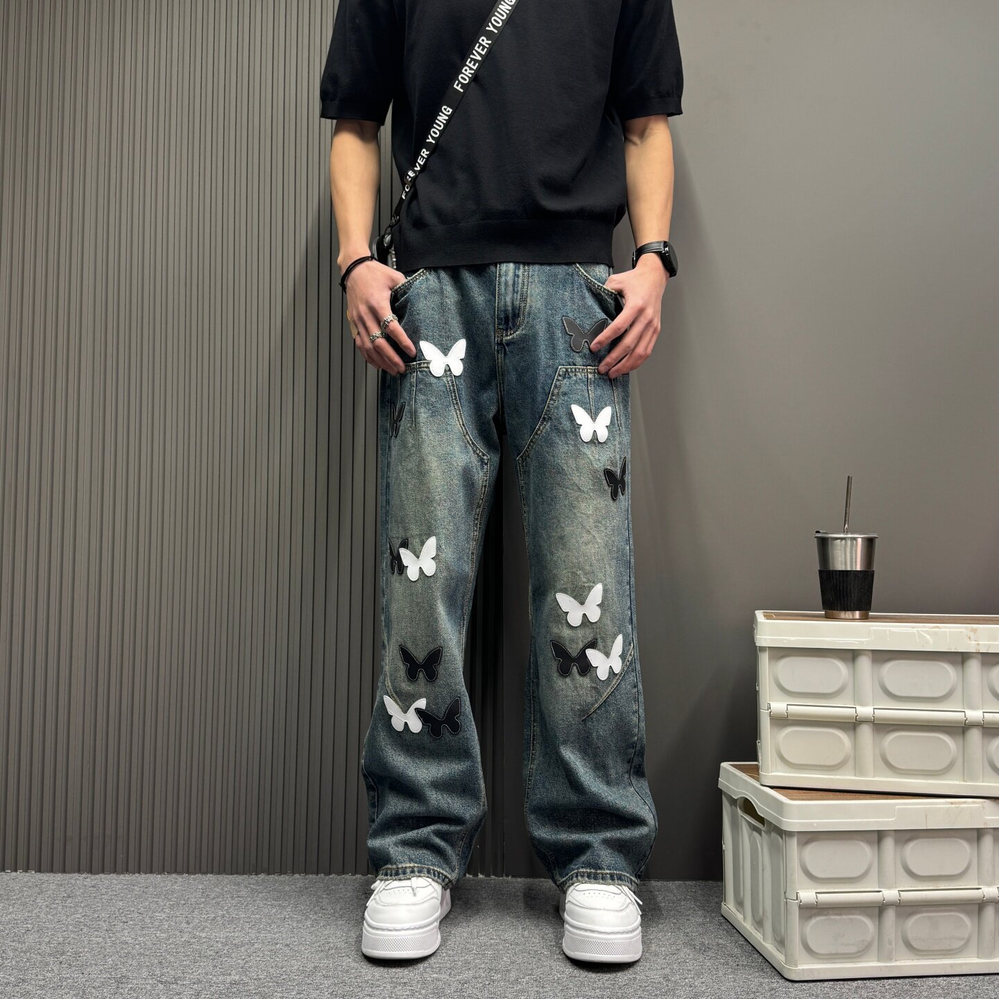 2026春秋款美式潮牌蝴蝶拼皮水洗宽松阔腿直筒牛仔裤男百搭长裤子