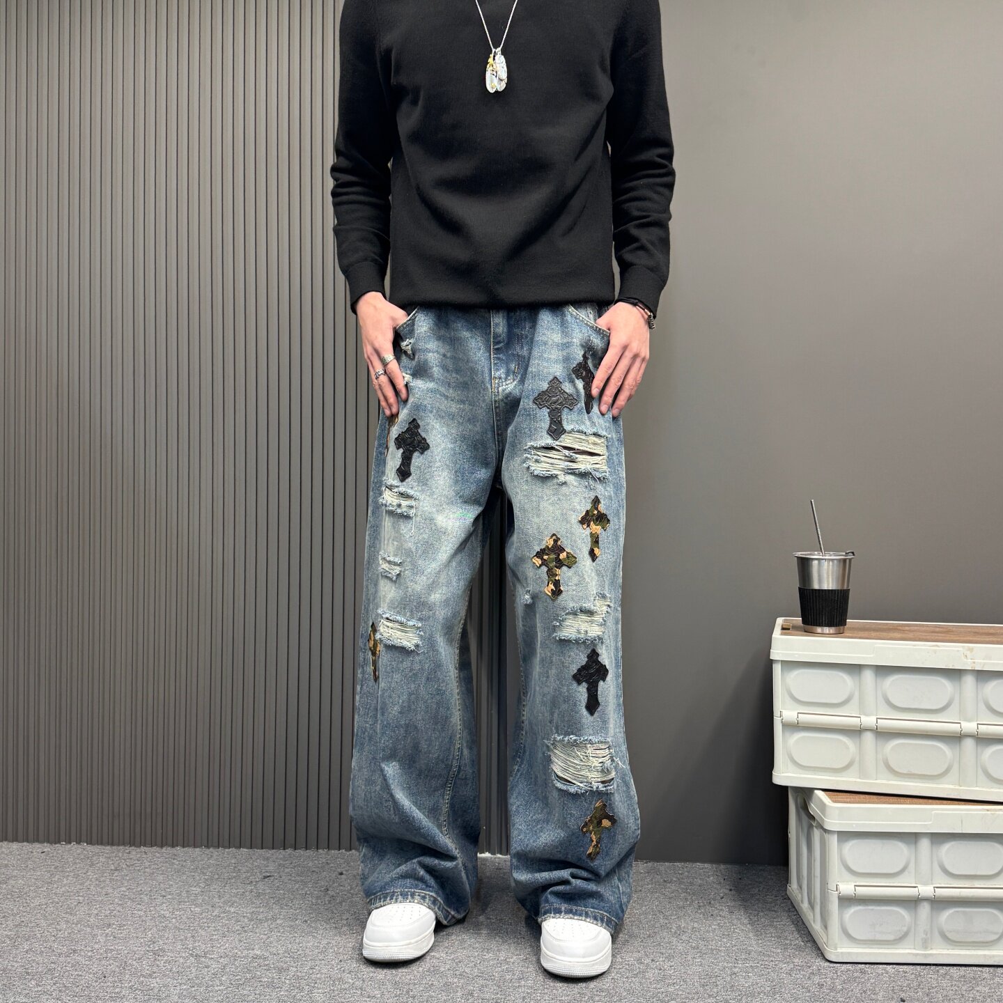 春秋季重磅美式牛仔裤男潮牌小众oversize宽松阔腿裤子假破洞男女