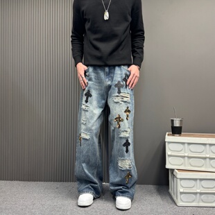 春秋季重磅美式牛仔裤男潮牌小众oversize宽松阔腿裤子假破洞男女