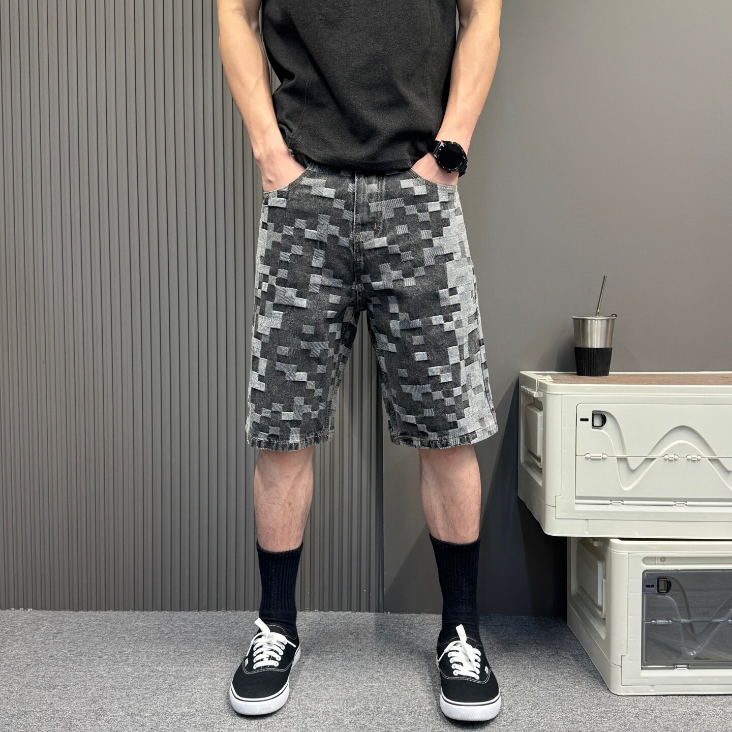 夏季黑灰格子牛仔短裤男宽松直筒阔腿五分裤潮牌百搭外穿休闲中裤