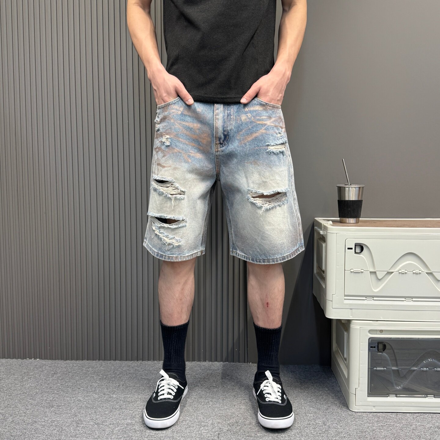 高端美式新款透气破洞薄款牛仔短裤男夏季宽松痞帅五分裤潮流中裤
