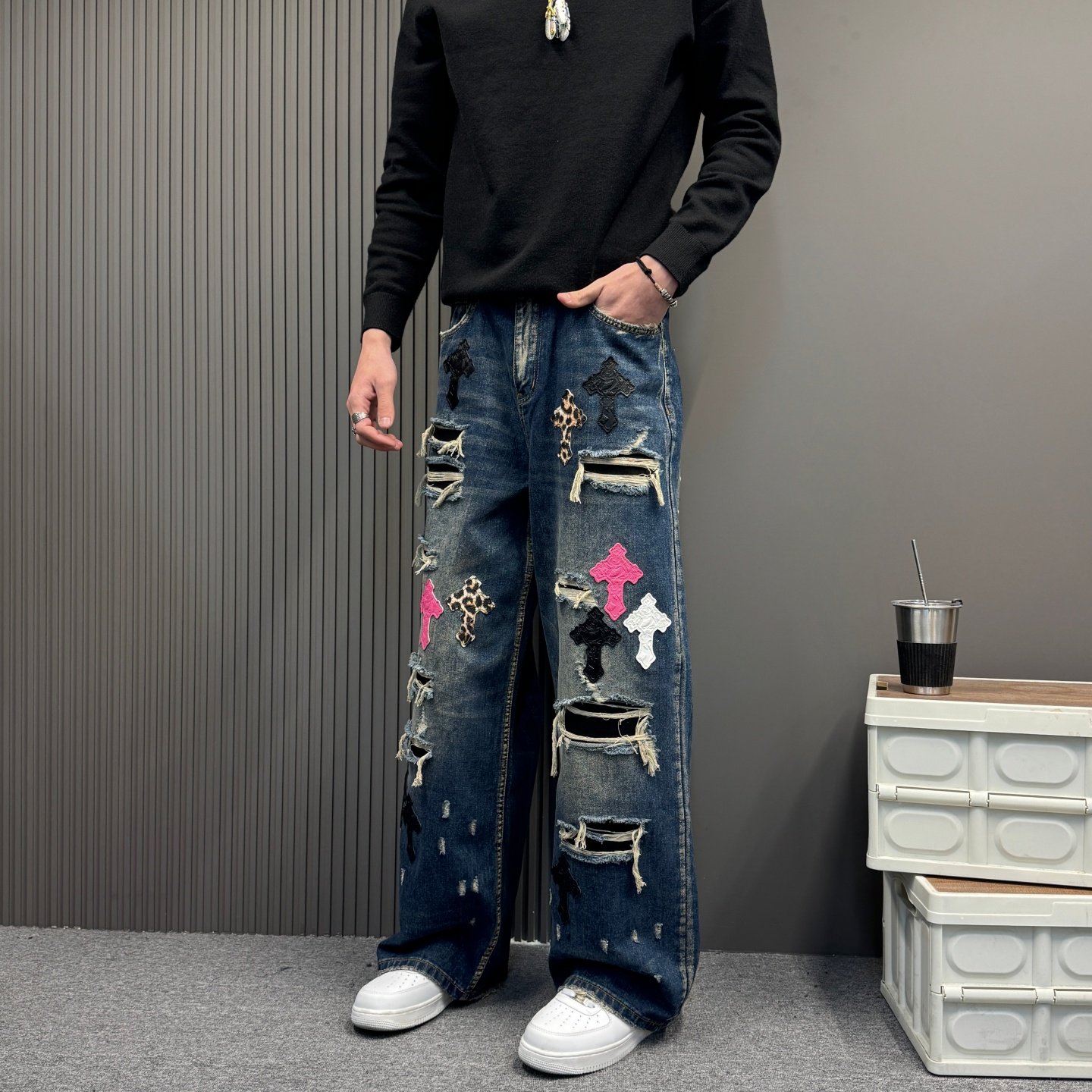 重磅牛仔裤男2026春秋新款美式高街复古贴布假破洞宽松直筒阔腿裤