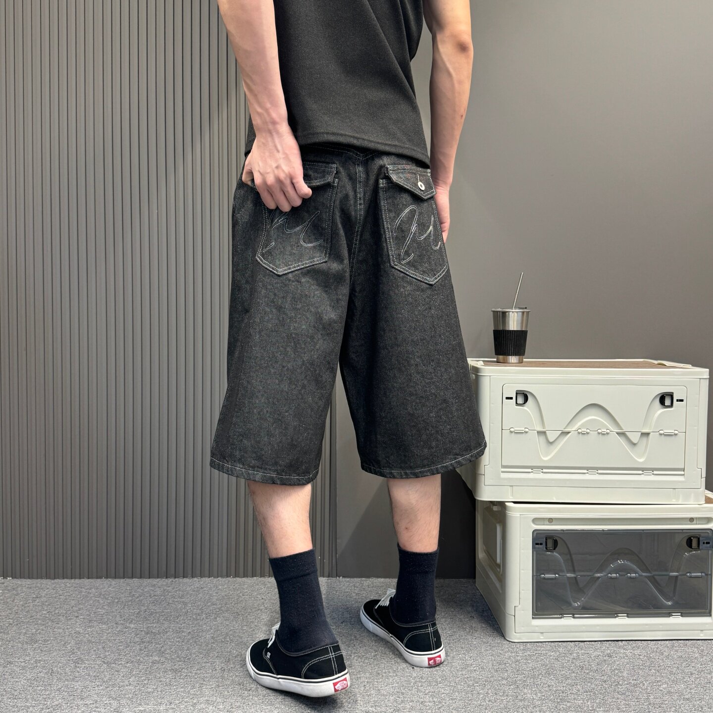 复古黑色七分直筒牛仔裤男女 夏季口袋拼接撞色宽松阔腿八分裤潮