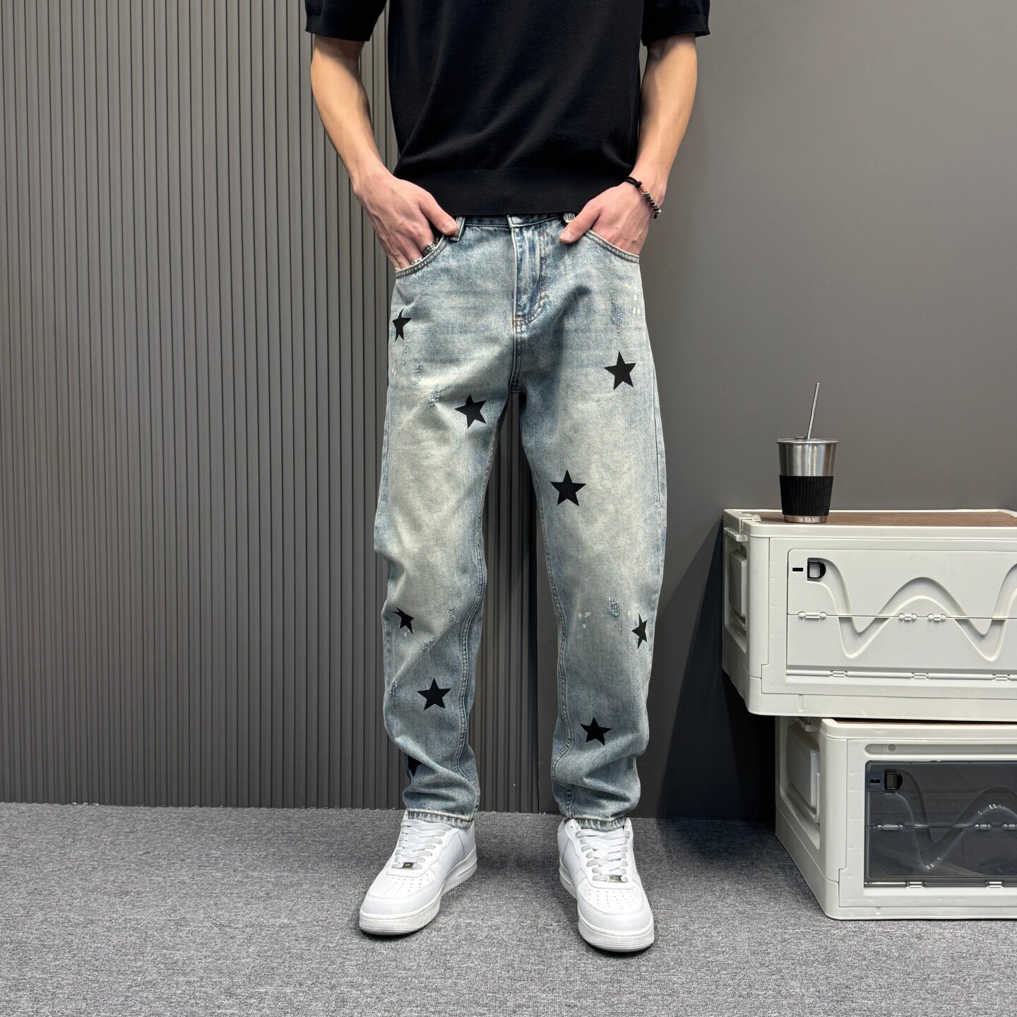 美式高端美式星星印花牛仔裤男款春季2026新款潮牌宽松直筒裤子男