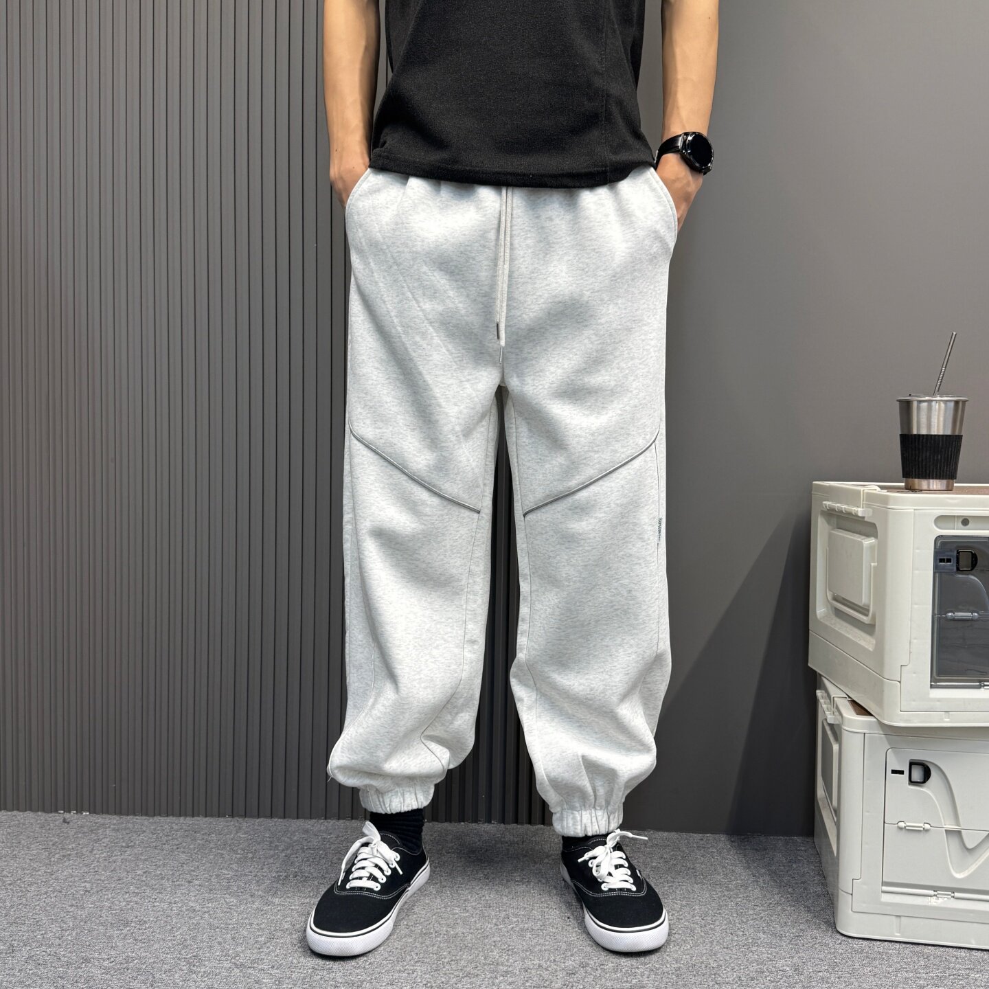 速上高光反光线灰白色宽松束脚裤男女同款休闲百搭阔腿裤运动裤潮