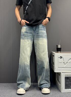 水晶蓝A字版型休闲青春活力直筒裤 宽松极简风日常通勤百搭牛仔裤