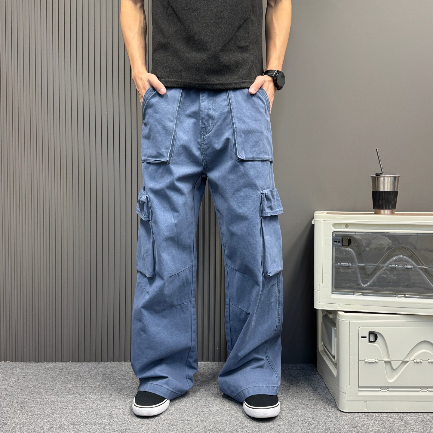 美式多口袋伐木工装裤水洗直筒宽松机能风潮牌男女款休闲阔腿长裤