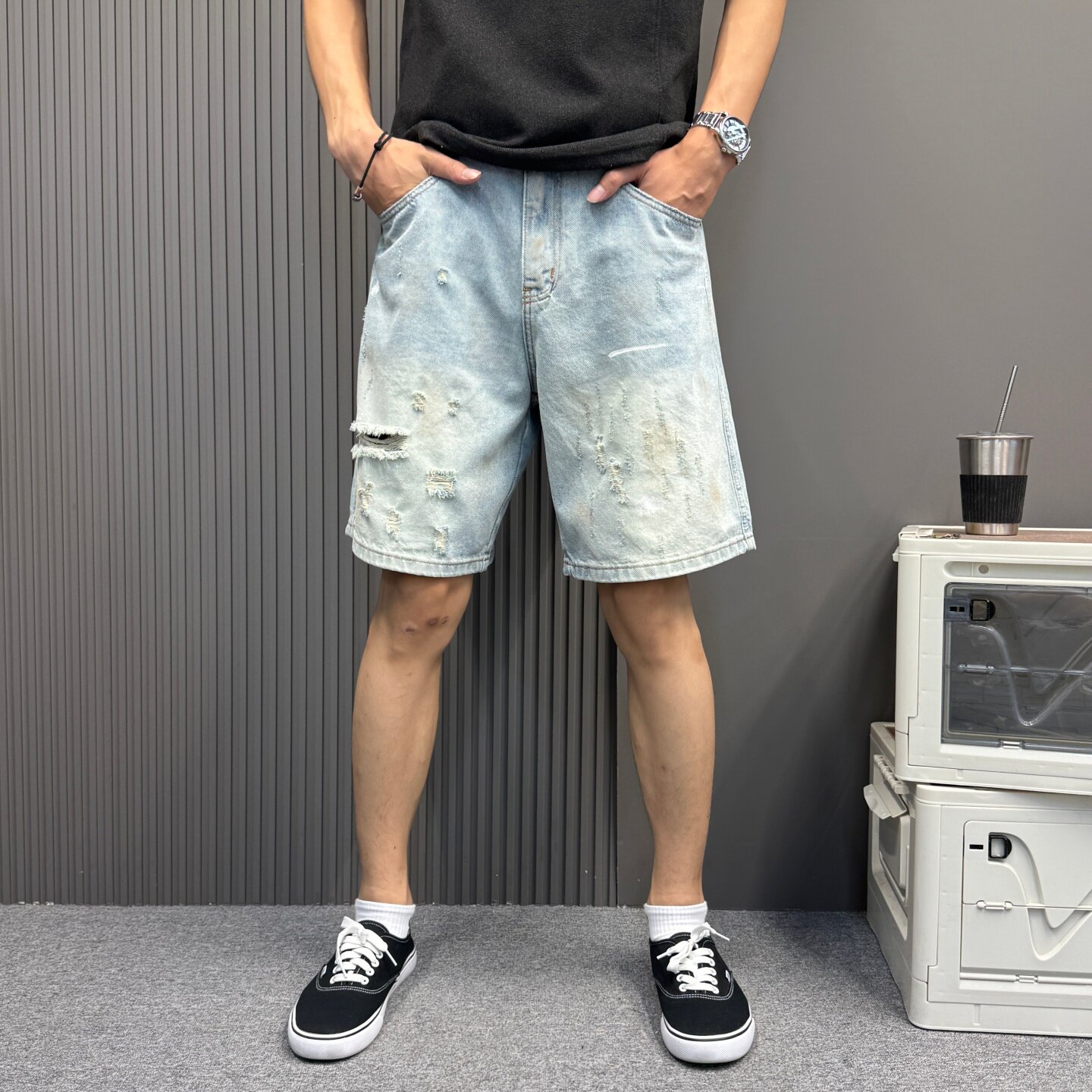 牛仔风做旧破洞短裤男女款夏季宽松直筒怀旧蓝色休闲水洗牛仔裤潮
