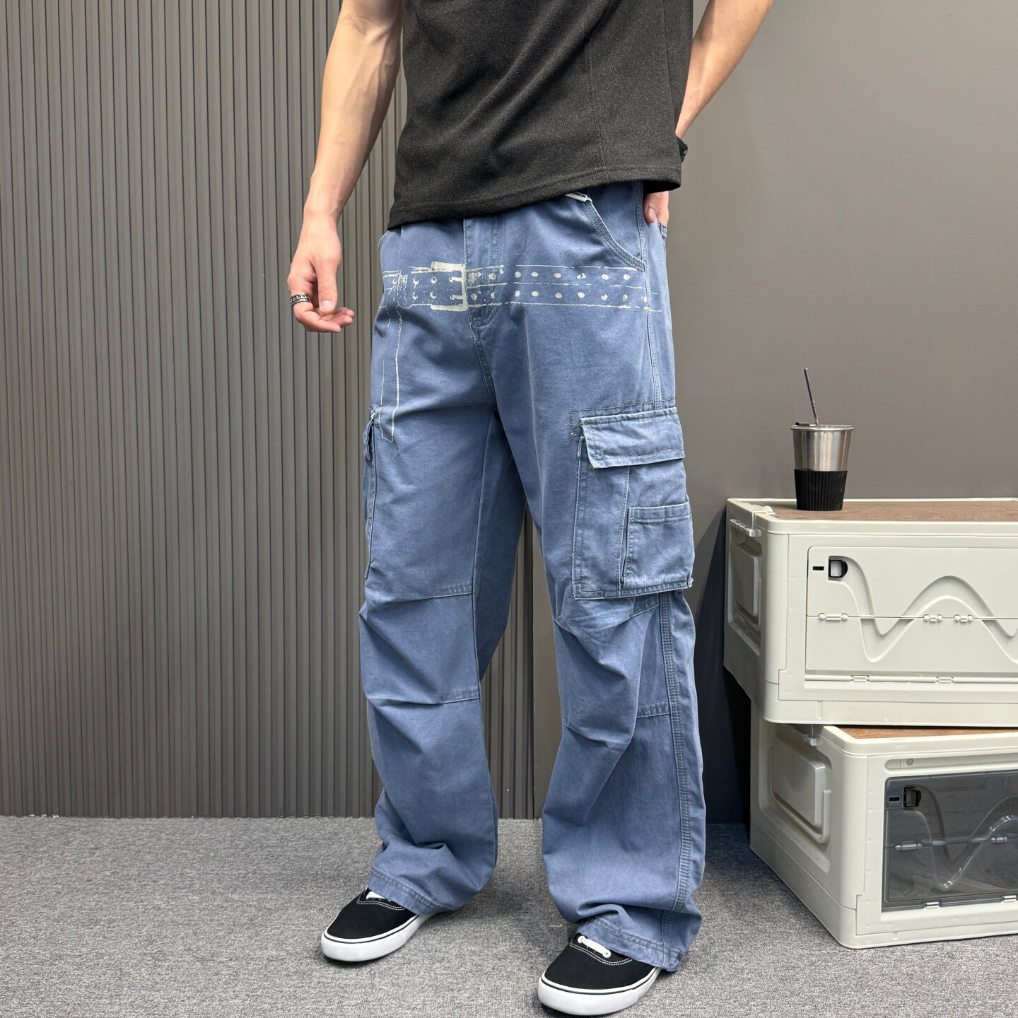 美式法工蓝街头水洗牛仔裤腰带印花工装裤男女设计感日常休闲长裤