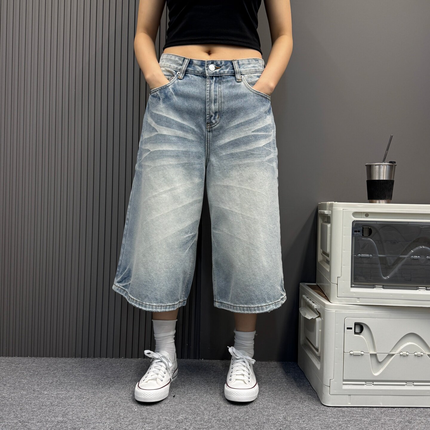 美式复古水洗猫须牛仔短裤男女同款阔腿中裤女宽松高腰直筒七分裤