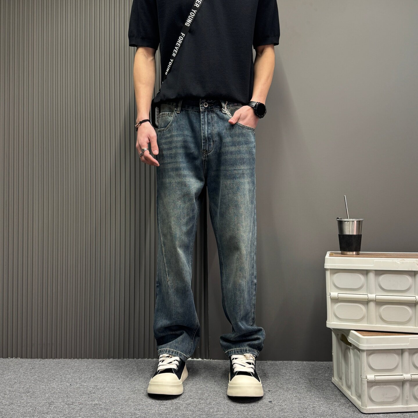 复古牛仔裤男直筒高街风折痕设计痞帅长裤美式休闲大码裤子春秋潮